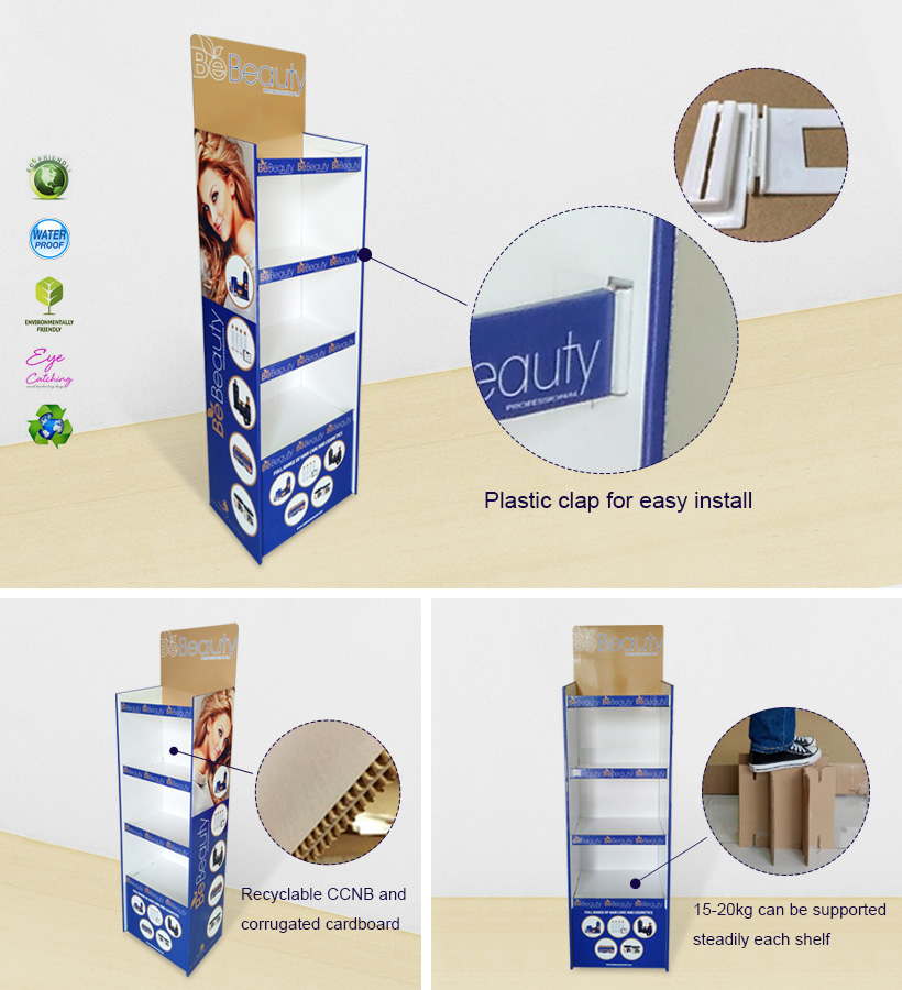 4 Shelves Cardboard Display Stand for Cosmetics Products 4 Shelves Cardboard Display Stand for Cosmetics Products